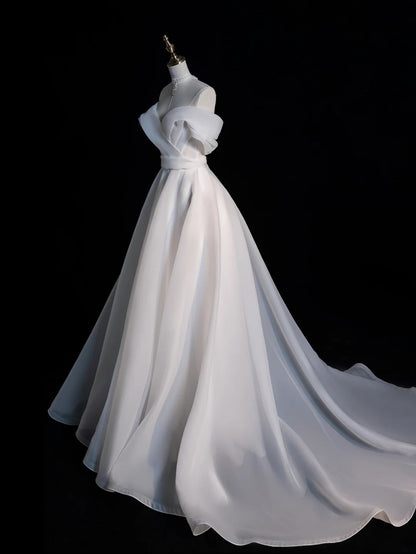 Timeless  A-Line Long Wedding Dresses Tulle Off-shoulder White Bridal Gowns Sleeveless Bridal Dresses ED05839