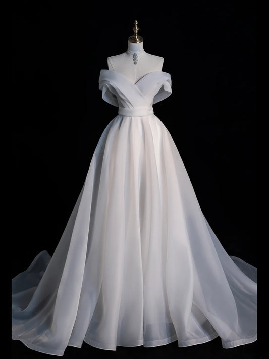 Timeless  A-Line Long Wedding Dresses Tulle Off-shoulder White Bridal Gowns Sleeveless Bridal Dresses ED05839