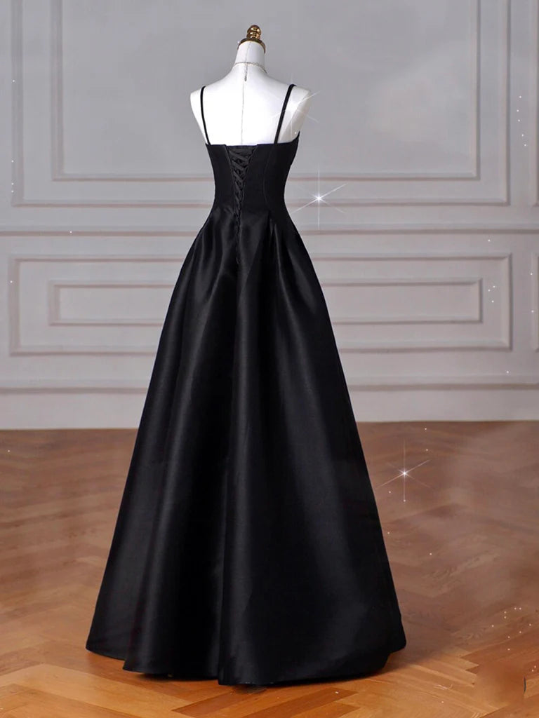 A-Line Sweetheart Neck Satin Black Long Prom Dress, Black Long Formal Dress ED0584