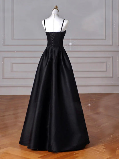 A-Line Sweetheart Neck Satin Black Long Prom Dress, Black Long Formal Dress ED0584