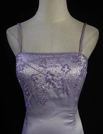 Vintage Purple Sheath Long Prom Dresses Beaded Satin Spaghetti Straps Evening Dressses Backless Birthday Dresses ED05841