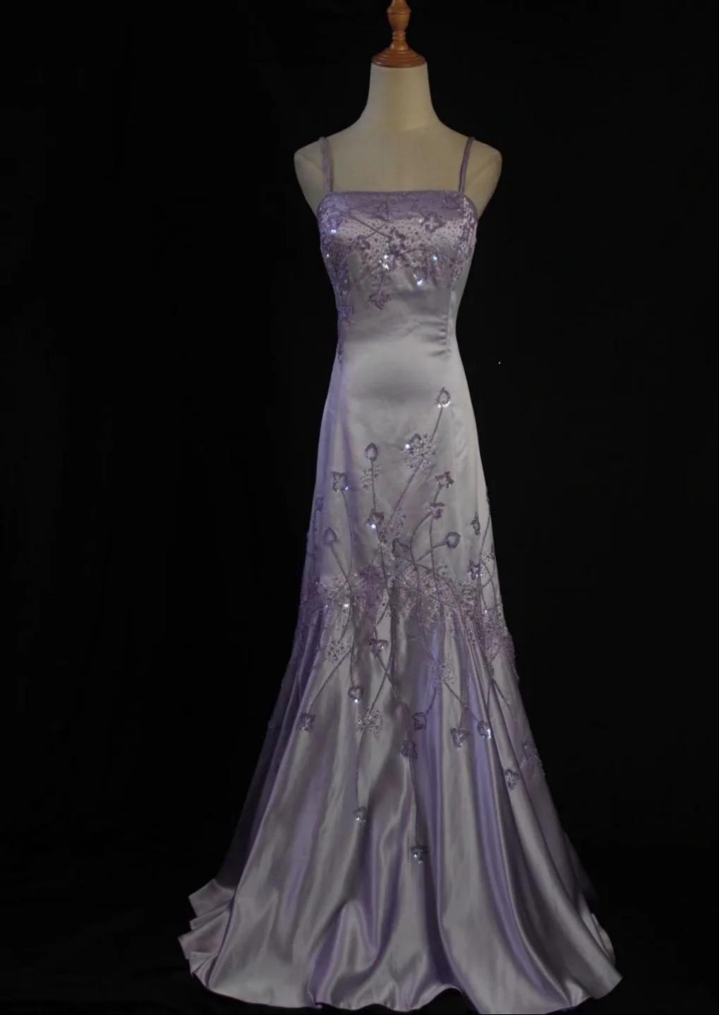 vintage purple prom dress Vintage Purple Sheath Long Prom Dresses Beaded Satin Spaghetti Straps –  EvaFashionDress