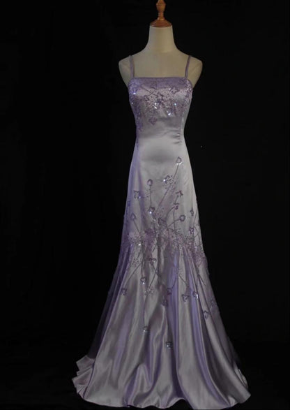 Vintage Purple Sheath Long Prom Dresses Beaded Satin Spaghetti Straps Evening Dressses Backless Birthday Dresses ED05841