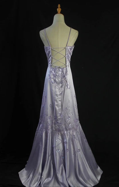 Vintage Purple Sheath Long Prom Dresses Beaded Satin Spaghetti Straps Evening Dressses Backless Birthday Dresses ED05841