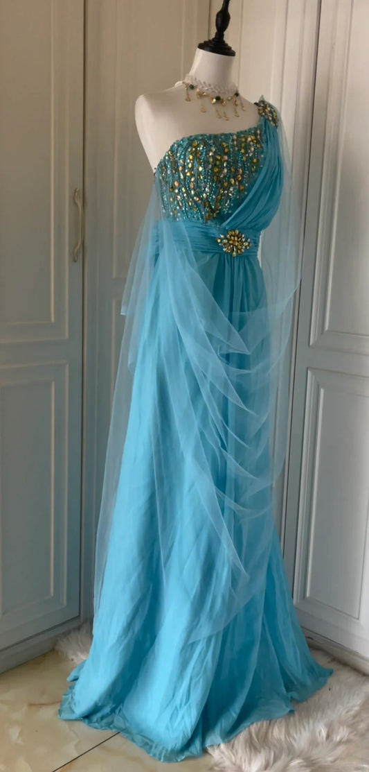 Vintage Turquoise Sheath Long Prom Dresses Beaded Chiffon One-shoulder Evening Dressses Backless Birthday Dresses ED05842