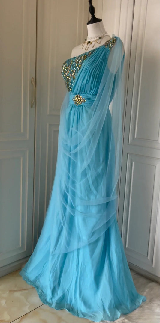 Vintage Turquoise Sheath Long Prom Dresses Beaded Chiffon One-shoulder Evening Dressses Backless Birthday Dresses ED05842