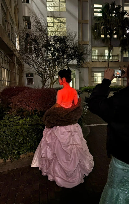 Chic Pink Sheath Long Prom Dresses Beaded Satin Strapless Evening Dressses Sleeveless Birthday Dresses ED05843