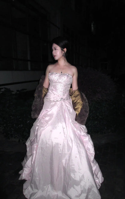 Chic Pink Sheath Long Prom Dresses Beaded Satin Strapless Evening Dressses Sleeveless Birthday Dresses ED05843