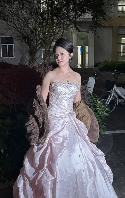 Chic Pink Sheath Long Prom Dresses Beaded Satin Strapless Evening Dressses Sleeveless Birthday Dresses ED05843