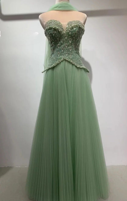 Chic Pink A-Line Long Prom Dresses Beaded Tulle Strapless Evening Dressses Sleeveless Birthday Dresses ED05844