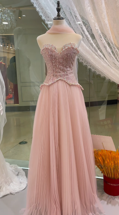 Chic Pink A-Line Long Prom Dresses Beaded Tulle Strapless Evening Dressses Sleeveless Birthday Dresses ED05844