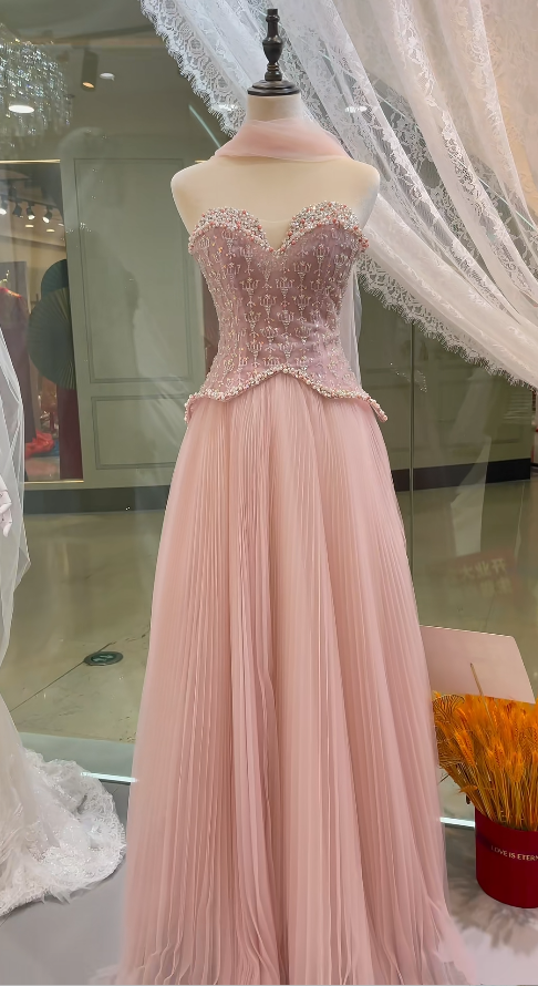 Chic Pink A-Line Long Prom Dresses Beaded Tulle Strapless Evening Dressses Sleeveless Birthday Dresses ED05844