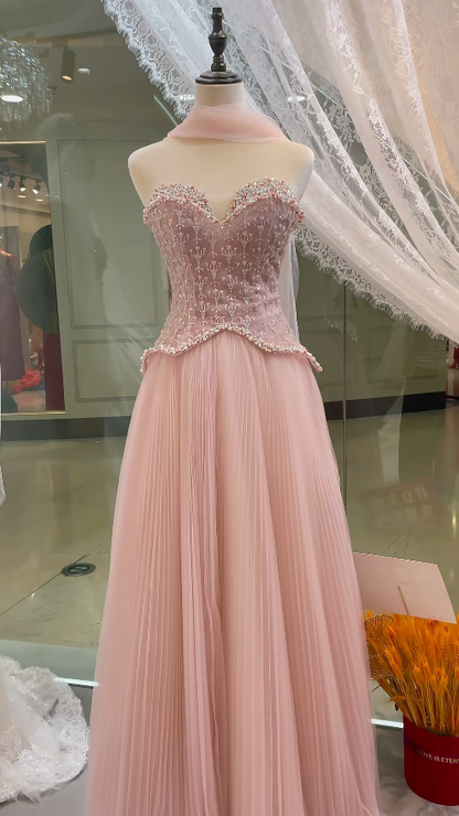 Chic Pink A-Line Long Prom Dresses Beaded Tulle Strapless Evening Dressses Sleeveless Birthday Dresses ED05844