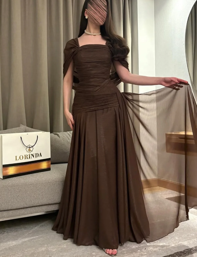 Chic Brown Sheath Long Prom Dresses Chiffon Square Neck Short Sleeves Wedding Guest Dresses ED05845