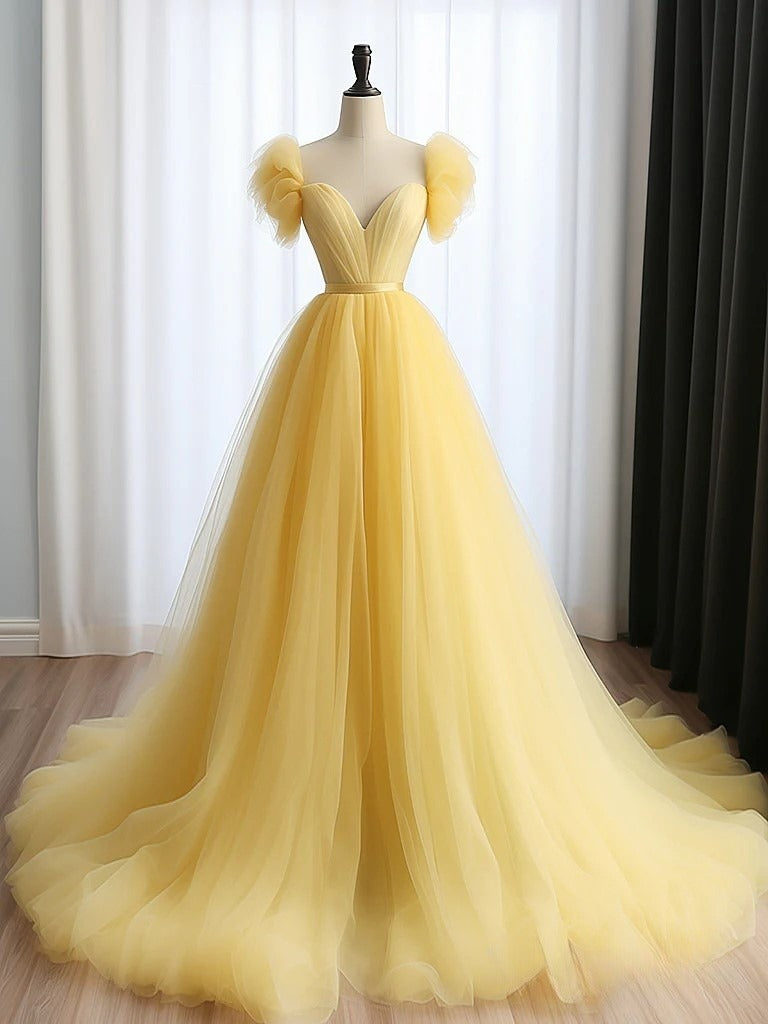 A-Line Sweetheart Neck Tulle Yellow Long Prom Dress, Yellow Long Formal Dress ED0585