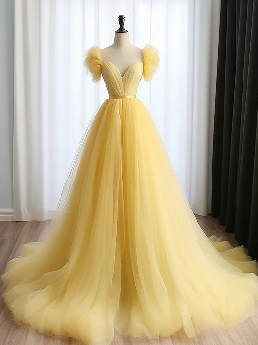 A-Line Sweetheart Neck Tulle Yellow Long Prom Dress, Yellow Long Formal Dress ED0585
