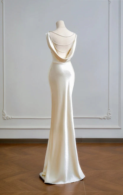 Chic Champagne Mermaid Long Prom Dresses Satin V-Neck Wedding Guest Dresses ED05850