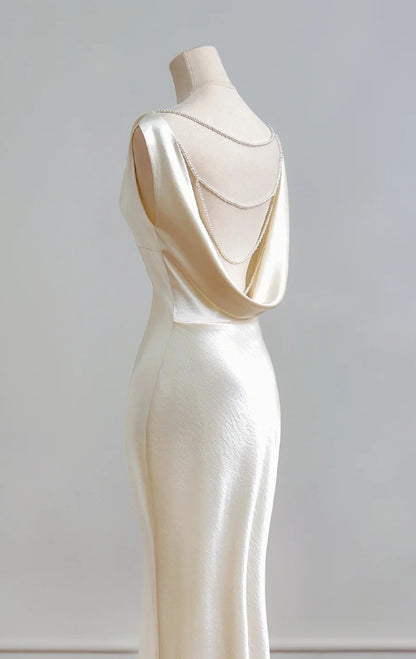 Chic Champagne Mermaid Long Prom Dresses Satin V-Neck Wedding Guest Dresses ED05850