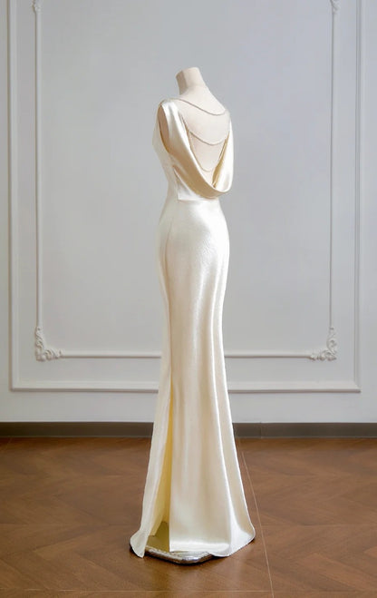 Chic Champagne Mermaid Long Prom Dresses Satin V-Neck Wedding Guest Dresses ED05850