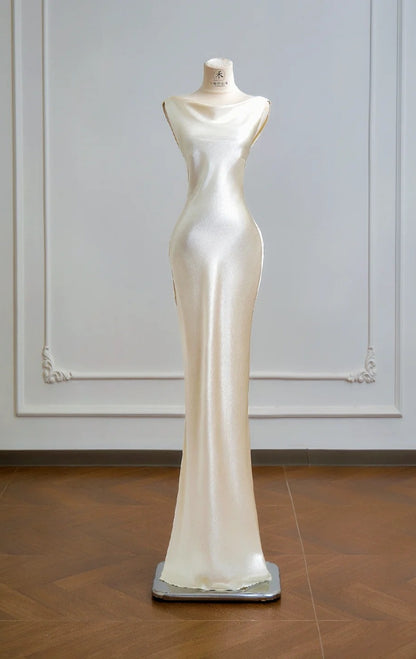 Chic Champagne Mermaid Long Prom Dresses Satin V-Neck Wedding Guest Dresses ED05850