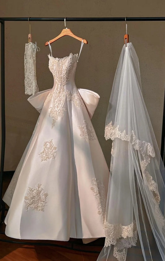 Timeless White A-Line Long Wedding Dresses Strapless White Bridal Gowns Satin Sleeveless Bridal Dresses ED05851