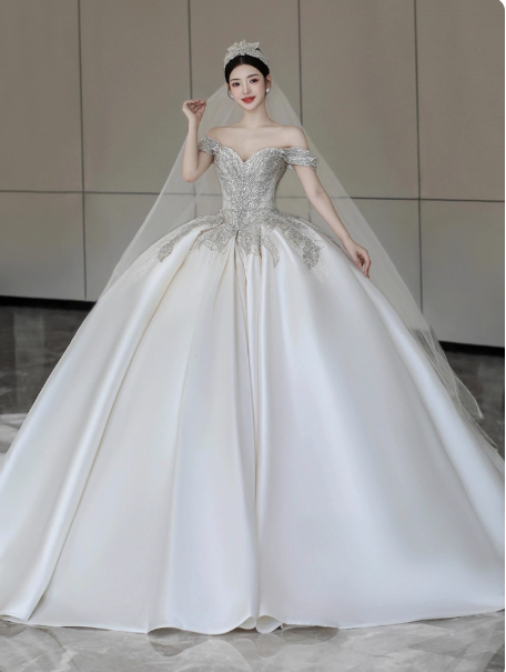 Timeless A-Line Long Wedding Dresses Off-shoulder White Bridal Gowns Beaded Satin Cups Sleeves Bridal Dresses ED05853