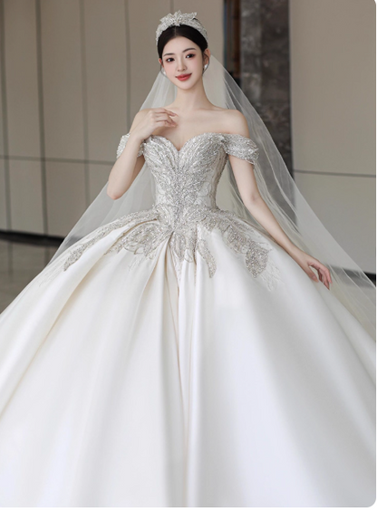 Timeless A-Line Long Wedding Dresses Off-shoulder White Bridal Gowns Beaded Satin Cups Sleeves Bridal Dresses ED05853