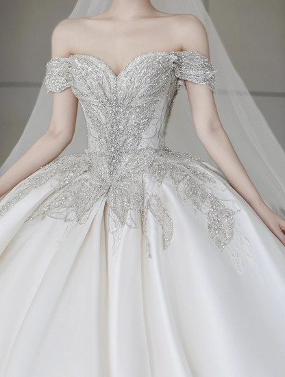 Timeless A-Line Long Wedding Dresses Off-shoulder White Bridal Gowns Beaded Satin Cups Sleeves Bridal Dresses ED05853