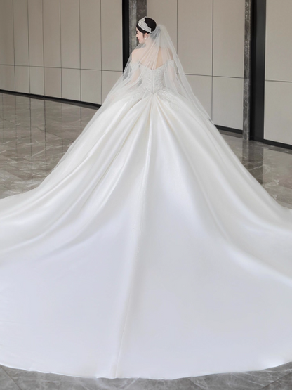 Timeless A-Line Long Wedding Dresses Off-shoulder White Bridal Gowns Beaded Satin Cups Sleeves Bridal Dresses ED05853
