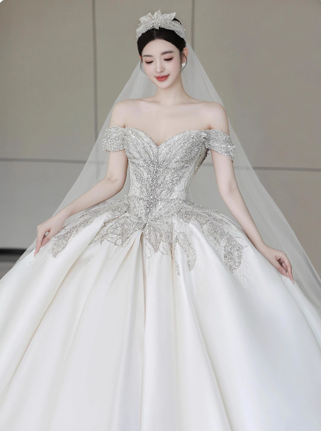 Timeless A-Line Long Wedding Dresses Off-shoulder White Bridal Gowns Beaded Satin Cups Sleeves Bridal Dresses ED05853