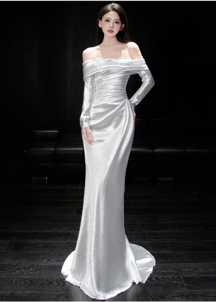 Timeless Sheath Long Wedding Dresses Off-shoulder White Bridal Gowns Satin Long Sleeves Bridal Dresses ED05854