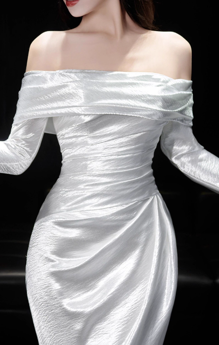 Timeless Sheath Long Wedding Dresses Off-shoulder White Bridal Gowns Satin Long Sleeves Bridal Dresses ED05854