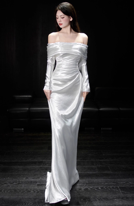Timeless Sheath Long Wedding Dresses Off-shoulder White Bridal Gowns Satin Long Sleeves Bridal Dresses ED05854