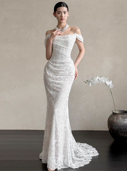 Timeless Mermaid Long Wedding Dresses Off-shoulder White Bridal Gowns Lace Cups Sleeves Bridal Dresses ED05855