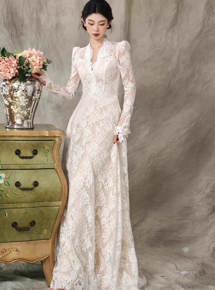 Timeless Sheath Long Wedding Dresses V-neck White Bridal Gowns Lace Long Sleeves Bridal Dresses ED05856