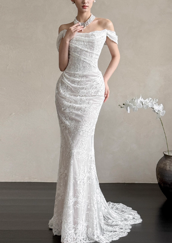 Timeless Mermaid Long Wedding Dresses Off-shoulder White Bridal Gowns Lace Cups Sleeves Bridal Dresses ED05855