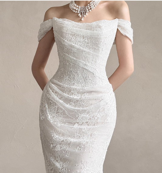 Timeless Mermaid Long Wedding Dresses Off-shoulder White Bridal Gowns Lace Cups Sleeves Bridal Dresses ED05855