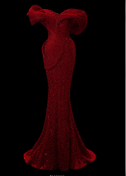 Sexy Burgundy Mermaid Long Prom Dresses Tulle Off-shoulder Evening  Gowns EP05856