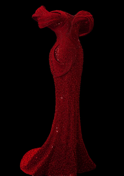 Sexy Burgundy Mermaid Long Prom Dresses Tulle Off-shoulder Evening  Gowns EP05856