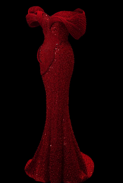 Sexy Burgundy Mermaid Long Prom Dresses Tulle Off-shoulder Evening  Gowns EP05856