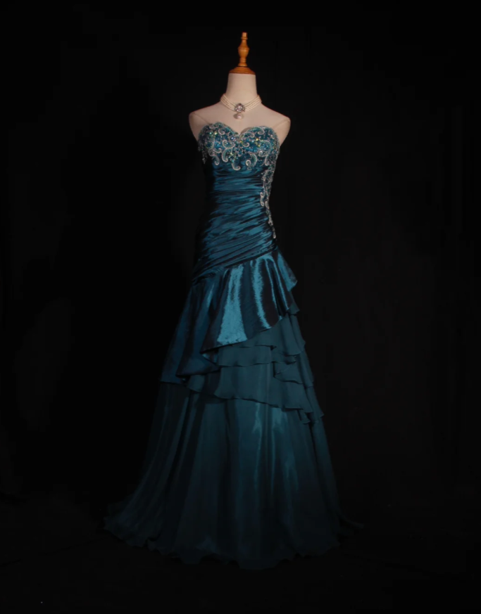 Retro Teal A-Line Long Prom Dresses Satin Beaded Strapless Evening  Gowns ED05857