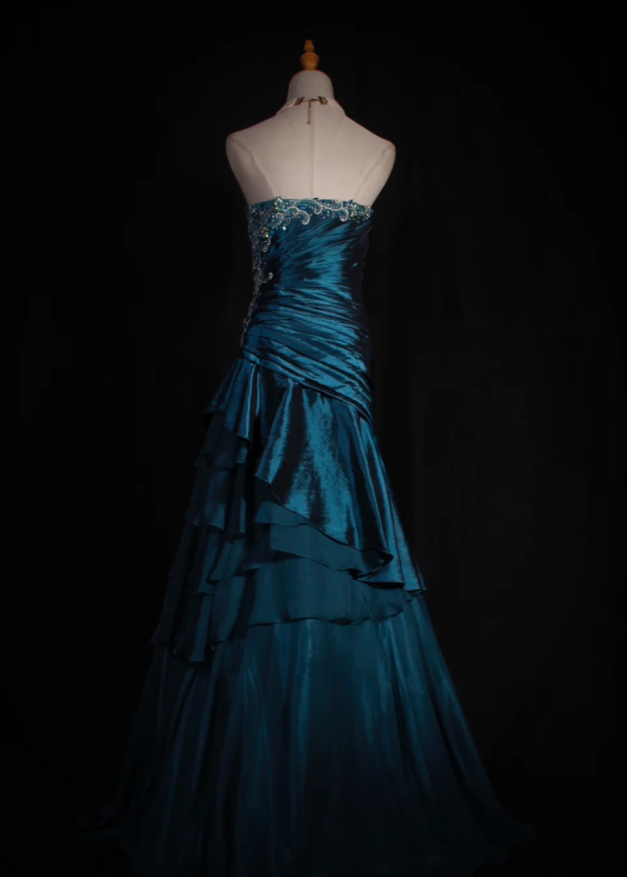 Retro Teal A-Line Long Prom Dresses Satin Beaded Strapless Evening  Gowns ED05857