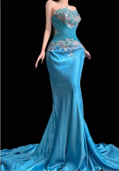 Retro Blue Mermaid Long Prom Dresses Satin Beaded Strapless Evening  Gowns ED05858