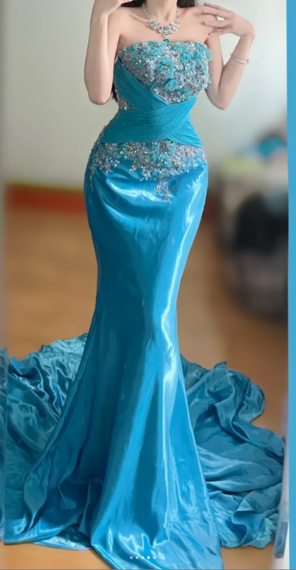 Retro Blue Mermaid Long Prom Dresses Satin Beaded Strapless Evening  Gowns ED05858