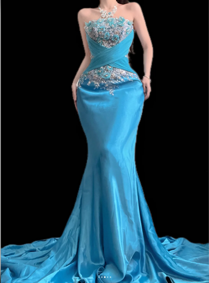 Retro Blue Mermaid Long Prom Dresses Satin Beaded Strapless Evening  Gowns ED05858