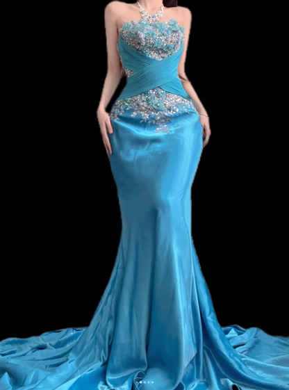 Retro Blue Mermaid Long Prom Dresses Satin Beaded Strapless Evening  Gowns ED05858