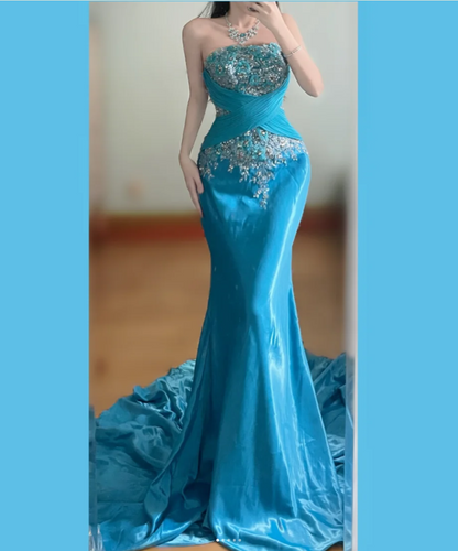 Retro Blue Mermaid Long Prom Dresses Satin Beaded Strapless Evening  Gowns ED05858