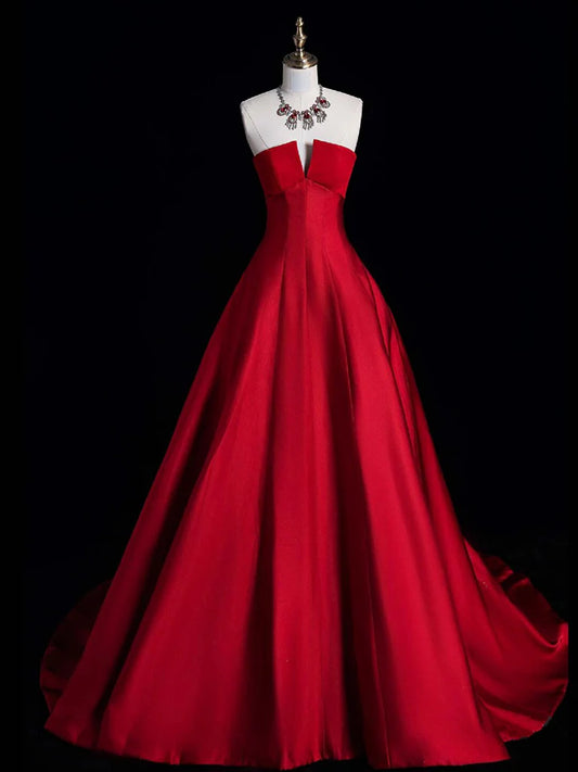 Schlichtes langes Ballkleid aus Satin in Burgunderrot, langes Abendkleid in Burgunderrot ED0586