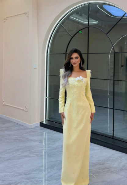 Elegant Yellow Sheath Long Prom Dresses Satin Long Sleeves Wedding Guest Dresses ED05861