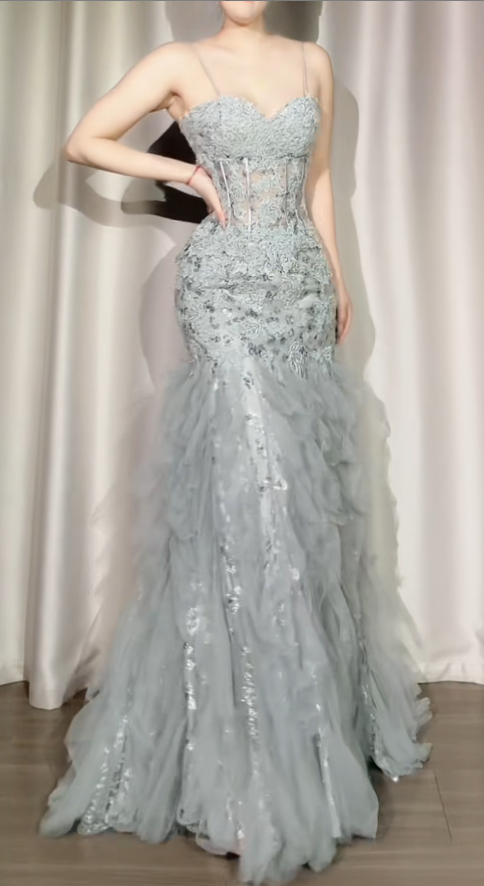 Elegant Light Gray Mermaid Long Prom Dresses Tulle Applique Spaghetti Straps Evening Dresses Sleeveless Formal Dresses ED05862